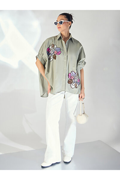 Uptownie By Styli Grey Floral Sequined Oversized Shirt