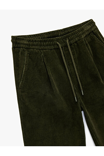 Koton Corded Fabric Velvet Trousers with Cotton Pockets, Loose Fit, Lace-Up Waist