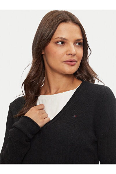 Tommy Hilfiger Women's Regular Fit Pure Wool V-Neck Long Sleeve Black Sweater Ww0Ww43505-Bds