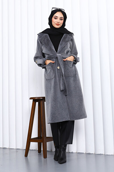 İmajButik Smoked Double-Breasted Angora Coat with Collar and Epaulettes