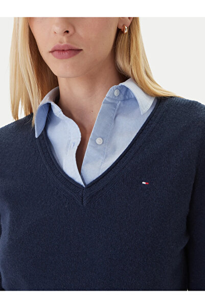 Tommy Hilfiger Women's Regular Fit Pure Wool V-Neck Long Sleeve Blue Sweater Ww0Ww43505-C1G