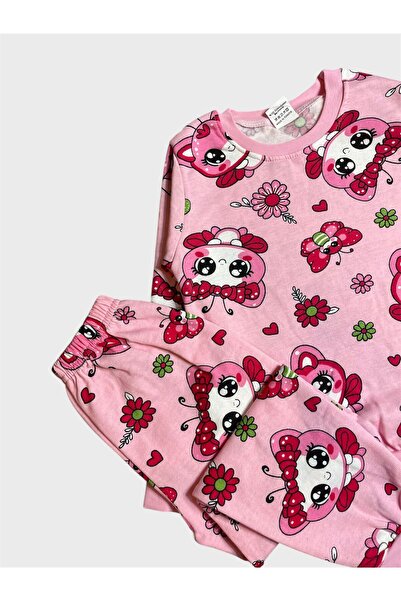 ALİŞ KİDS Girls' Cotton Fleece-Lined Pink Butterfly Flower Patterned Long Sleeve Winter Pajamas Set