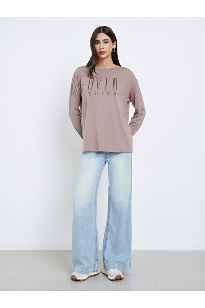 Styli Brown Slogan Print Oversize T-Shirt