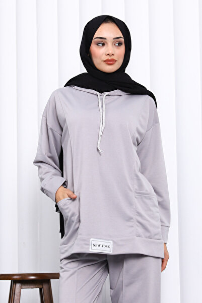 İmajButik Dark Gray Two-Thread Hijab Set with Label on the Front
