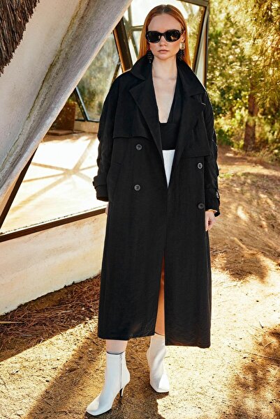 Suziş Windbreaker Detailed Black Oversized Premium Coat 9539