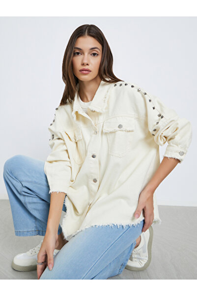 Styli Cream Studded Oversized Denim Shirt with Frayed Edge