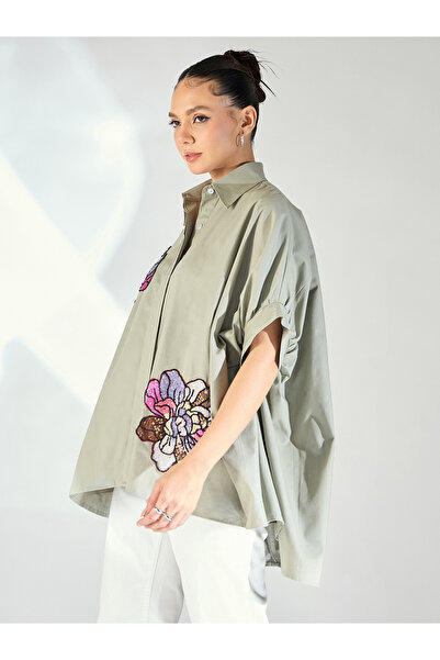 Uptownie By Styli Grey Floral Sequined Oversized Shirt