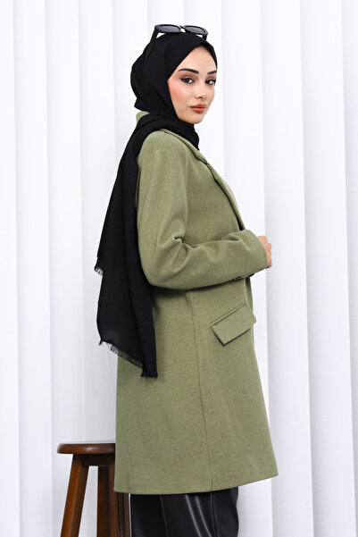 İmajButik Khaki Double-Breasted Collar Lined Pocketed Cashmere Coat