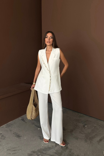 DUOF Γιλέκο με γιακά και κέλυφος - Σετ παντελονιού από λινάρι - Λευκό