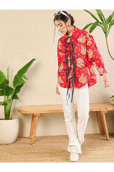 Uptownie By Styli Red All Over Print Front Tie-Up Longline Shirt