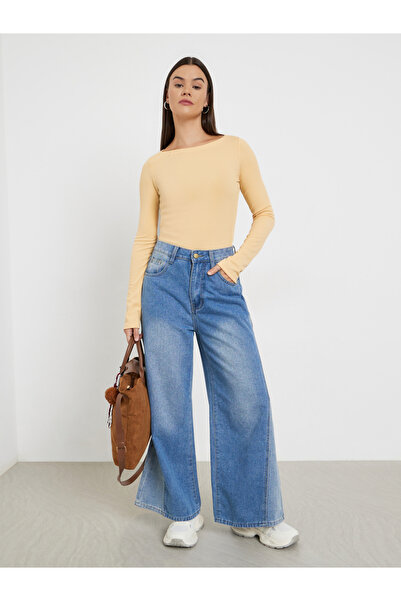 Styli Beige Ribbed Knit Boat Neck Top