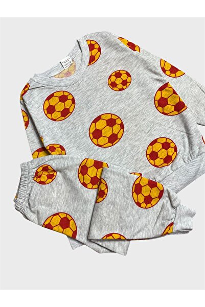 ALİŞ KİDS Boys' Cotton Fleece-Lined Gray Football Ball Patterned Long Sleeve Winter Pajamas Set