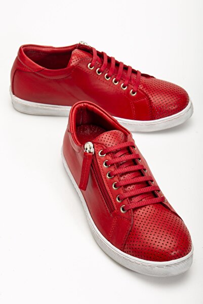Hayalimdeki Ayakkabı Women's Red Genuine Leather Perforated Sports Shoes