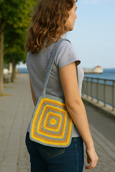 Fun Life Hand Knitted Square Shoulder Bag - Yellow, Mustard, Grey