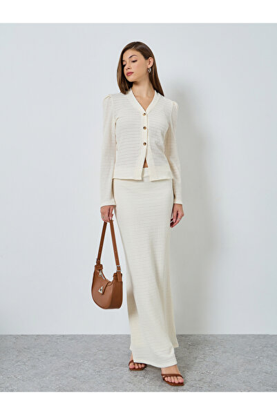 Styli Off White Textured Knit Top with Long Sleeves