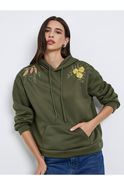 Styli Olive Regular Fit Embroidered Panel Hoodie
