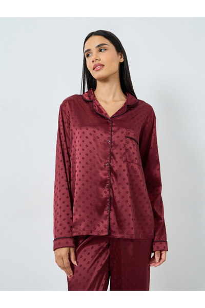 Styli Satin Polka Dot Jacquard Shirt and Straight Leg Pyjama Set