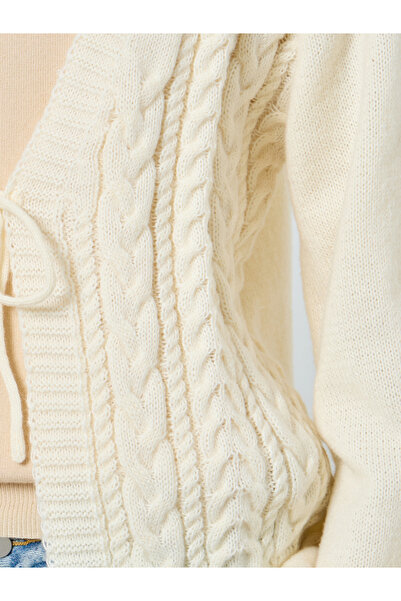 Styli Cream Boxy Fit Cable Knit Tie-Front Cardigan
