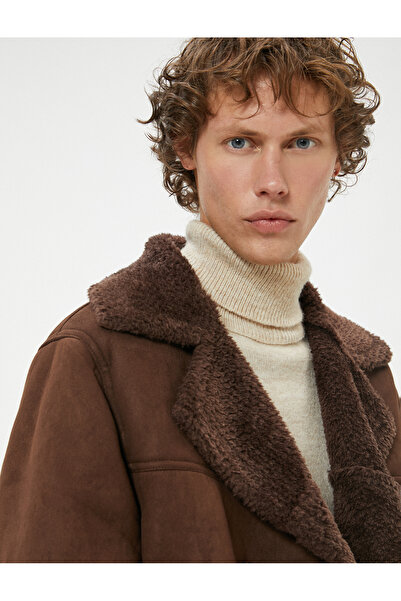 Koton Slim Fit Coat Suede Look Plush Inside Buttoned