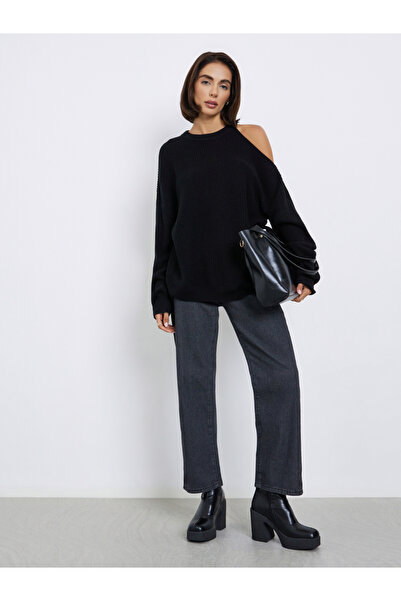 Styli Black Cold Shoulder Knit Sweater