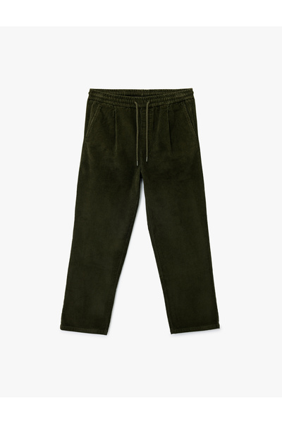 Koton Corded Fabric Velvet Trousers with Cotton Pockets, Loose Fit, Lace-Up Waist