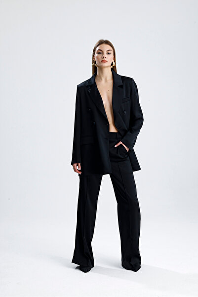 Sense Lined Shoulder Pad Piece Satin Women's Suit – Stylish Oversized Jacket and Wide Leg Pants |   Tk36437 Black