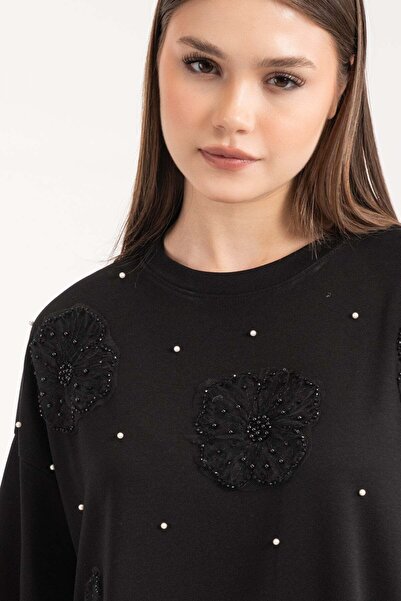 Hatun Atila Tulle Flower and Pearl Detailed Modal Fabric Double Suit 7914 - Black