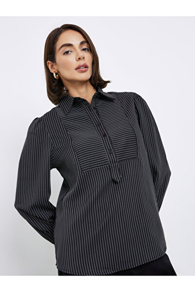 Styli Black Striped Long Sleeve Blouse
