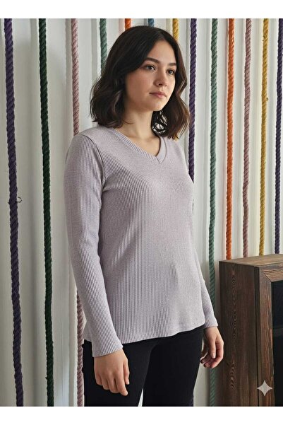 HOFY 1246 Large Size V-Neck Ribbed Knit Fabric Blouse