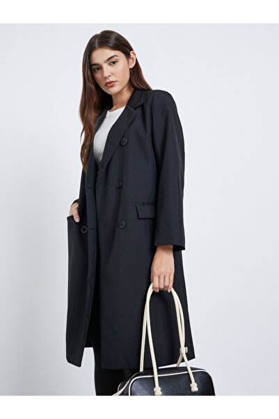 Styli Black Knee-Length Double Breasted Coat