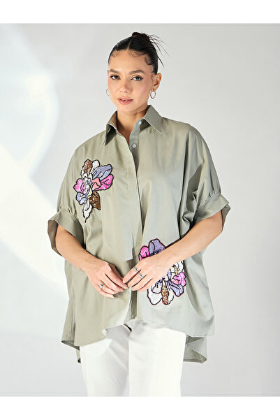 Uptownie By Styli Grey Floral Sequined Oversized Shirt