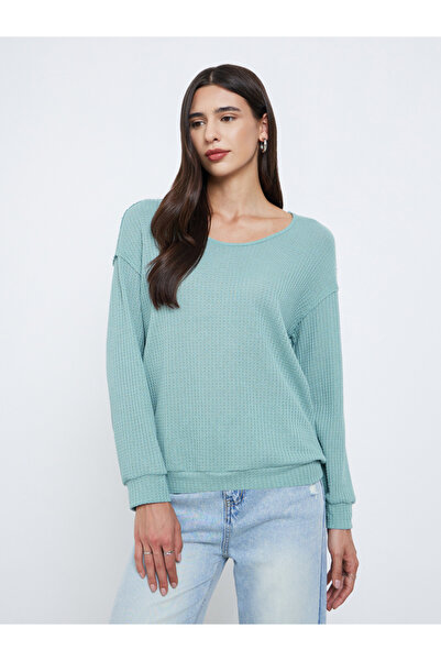 Styli Green Waffle Knit Sweatshirt with Dropped Shoulder
