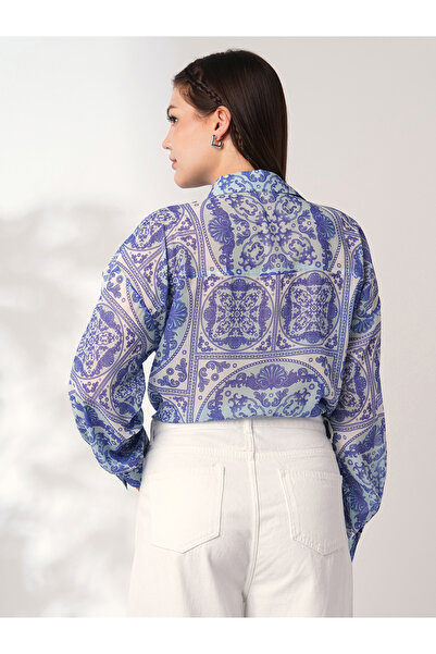 Globus By Styli Women Blue Ethnic Print Spread Collar Oversized Shirt