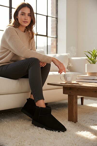 VeliKundura Tofima Black Poly Sole Short Boots with Feathers Inside