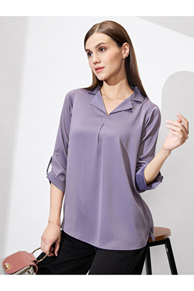 Globus By Styli بلوزة ساتان بأكمام مطوية للنساء باللون البنفسجي