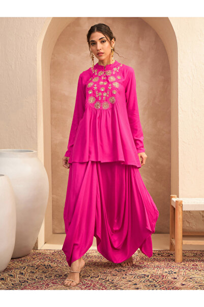Sassafras By Styli Fuchsia Embroidered Peplum Top with Dhoti Skirt Set