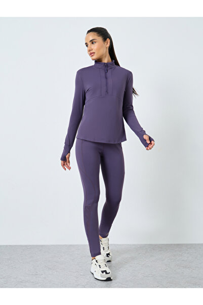 Styli Half Zip Up Multi Panel Seam Long Sleeve Top and Reflector Stripe Calf Mesh 7/8 Leggings Set