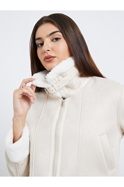 Styli Beige Regular Fit Faux Shearling Aviator Jacket