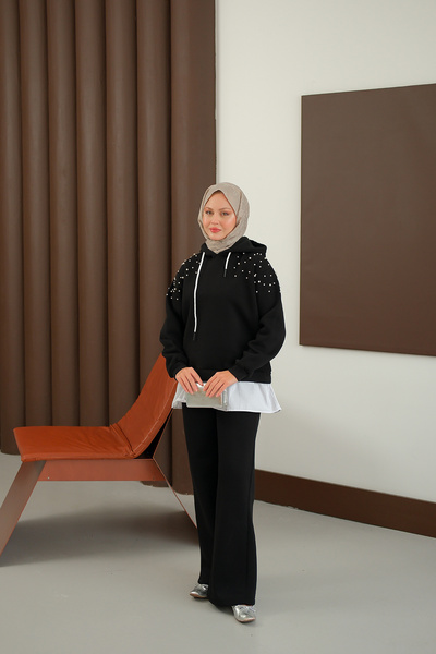 LOCCO Women's Shoulder Beading Detail Two Piece Set Black