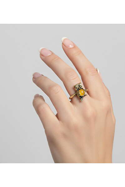 otantik takı Sarı Akik Doğal Taş Baykuş Bronz Yüzük