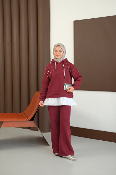 LOCCO Women's Shoulder Beading Detail Two-Piece Suit Burgundy