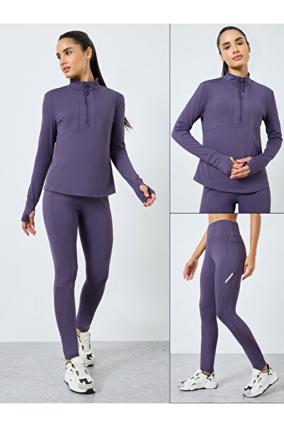 Styli Half Zip Up Multi Panel Seam Long Sleeve Top and Reflector Stripe Calf Mesh 7/8 Leggings Set