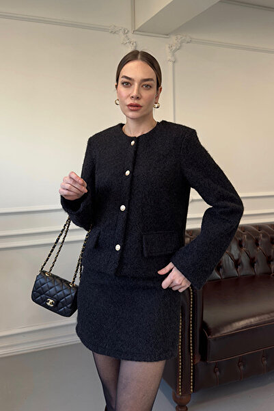 MAGARDE Costum cusut cu fustă cu nasturi perlat - NEGRU