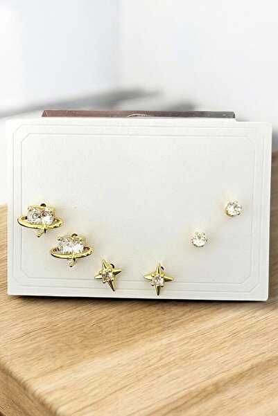 TAKIŞTIR Gold Color Stone Detailed 6-Piece Earring Set