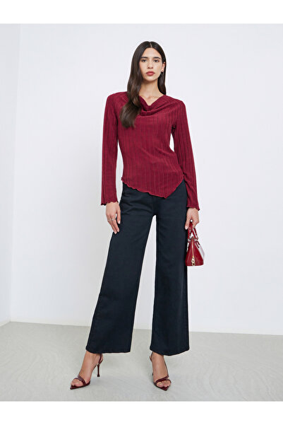 Styli Red Knitted Cowl Neck Long Sleeve T-Shirt