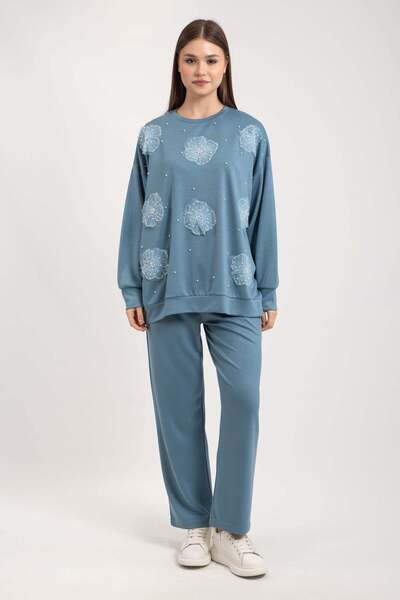 Hatun Atila Tulle Flower and Pearl Detailed Modal Fabric Double Suit 7914 - Blue