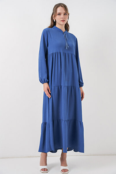 Bigdart T1627 Collar Lace-Up Dress - C. Cobalt