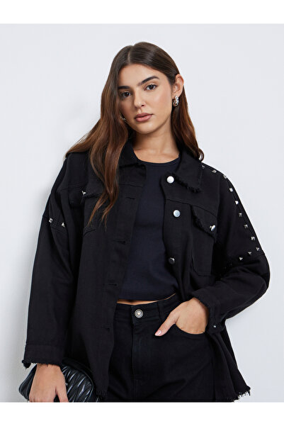 Styli Black Studded Oversized Denim Shirt with Frayed Edge