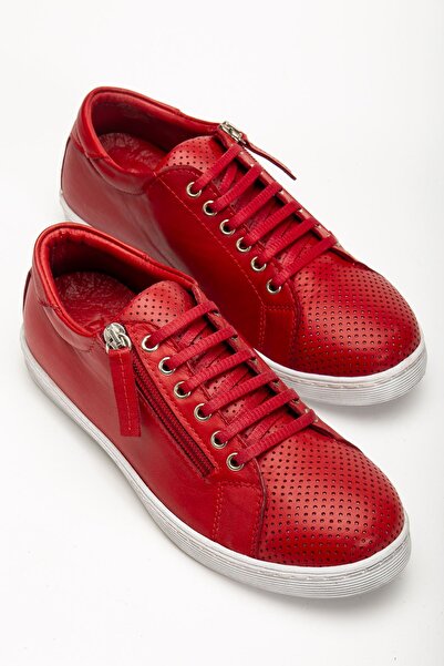 Hayalimdeki Ayakkabı Women's Red Genuine Leather Perforated Sports Shoes