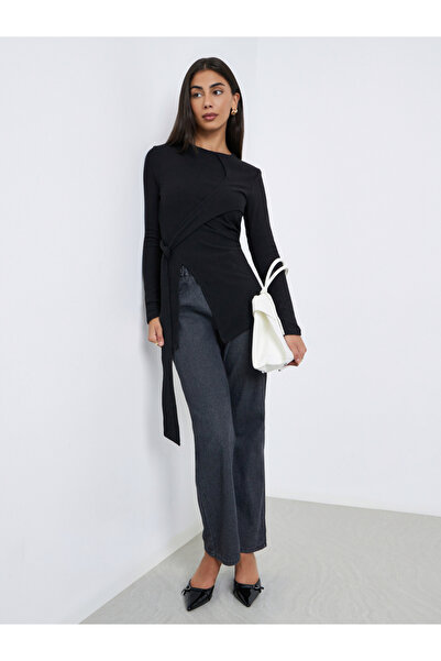 Styli Black Ribbed Knot Detail Long Sleeve Top